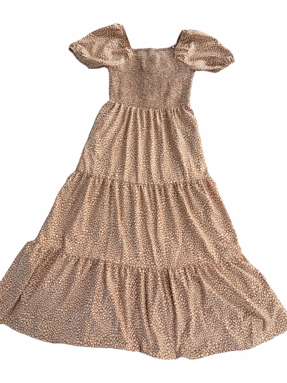 Women’s M Tiered Puff Sleeve Summer Maxi Dress Light Brown, pockets